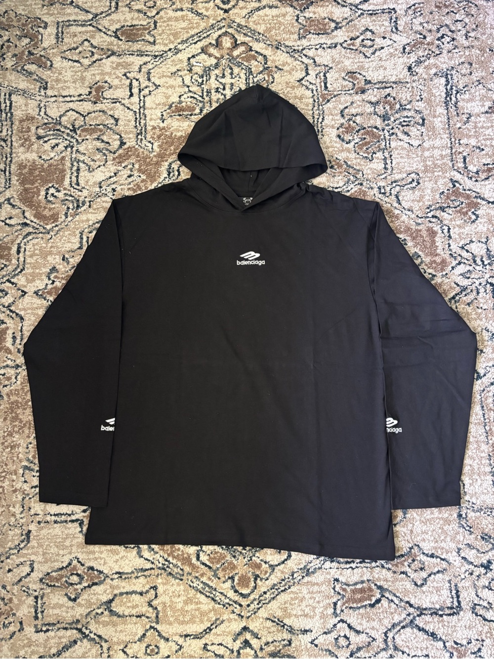 Balenciaga Black Hooded Long-Sleeve Tee with Mini Logos